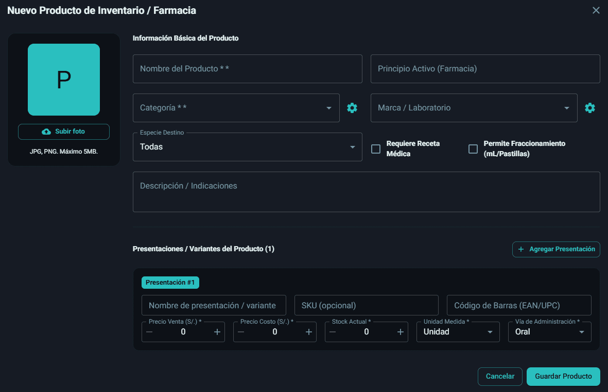 Formulario de creación de producto en VetGest