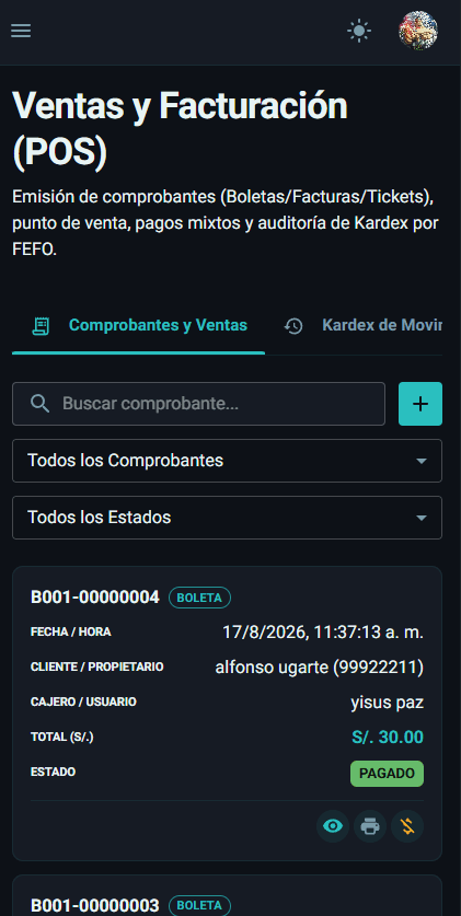 Vista responsive en móvil de una tabla de VetGest
